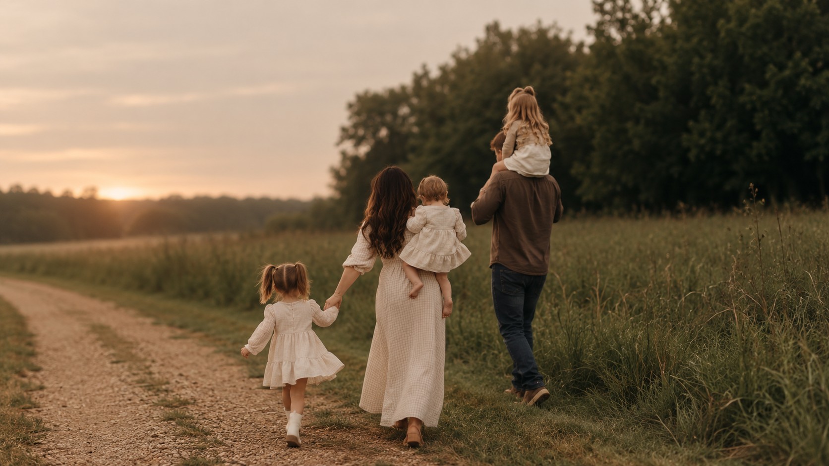 Eine Familie geht im Abendlicht einen Wiesenweg entlang. Die Eltern tragen zwei Kinder, ein weiteres Kind läuft an der Hand mit.